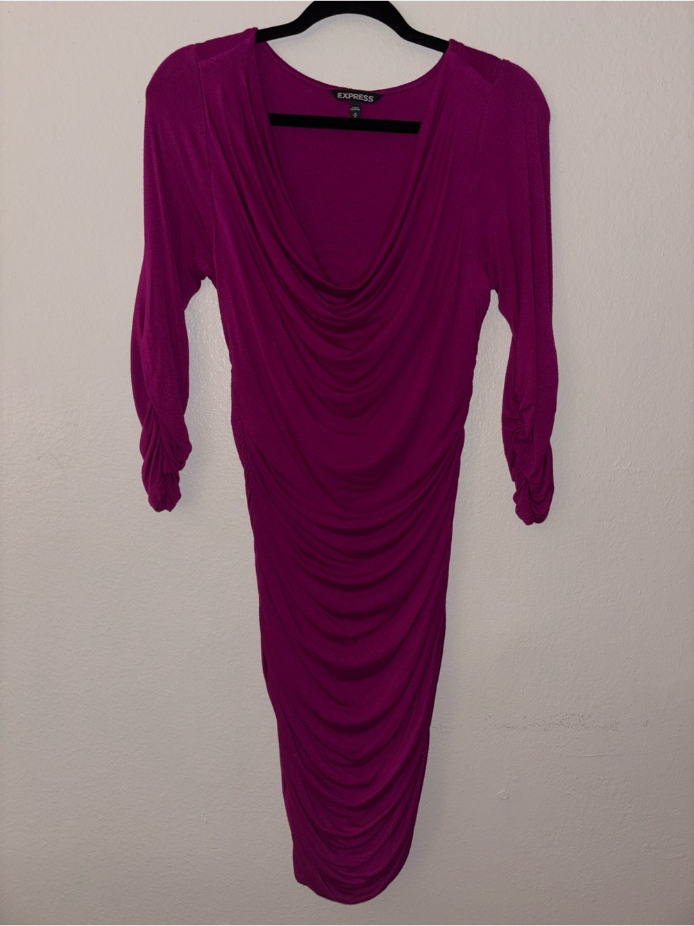 Express Magenta Draped Long-Sleeve Midi Dress